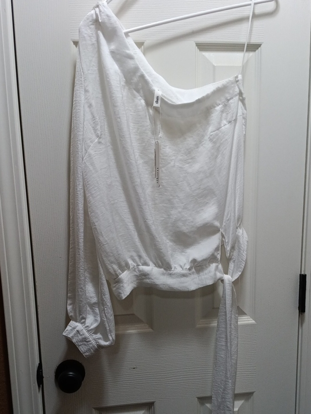 glam White One-Shoulder Tie-Waist Blouse